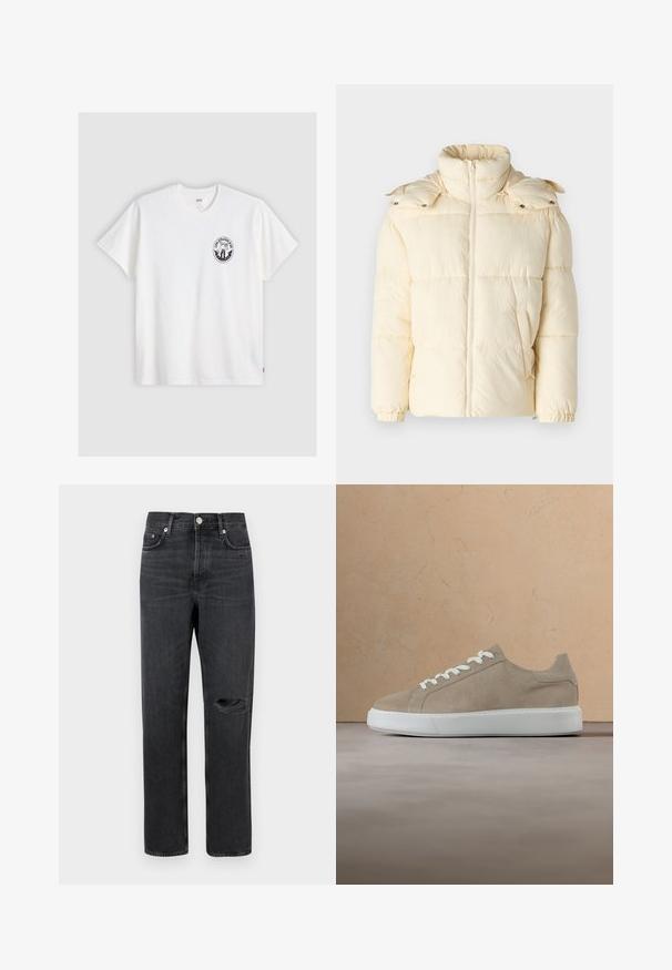 Only & Sons ONSORSON PUFFER JACKET - Zimná bunda - antique white; Biely bavlnený tričko s krátkymi rukávmi, okrúhlym výstrihom a čiernym kruhovým logom na ľavej hrudi s upraveným dizajnom.; Čierne deninové rifle so rovnými nohavicami, s prepichnutým kolenom, päť vrecový dizajn a kovové prvky na páse a vreckách.; Béžová semišová teniska s bielymi šnúrkami a hrubou bielou podrážkou vznášajúca sa nad béžovým koberecom pred béžovou pohovkou.