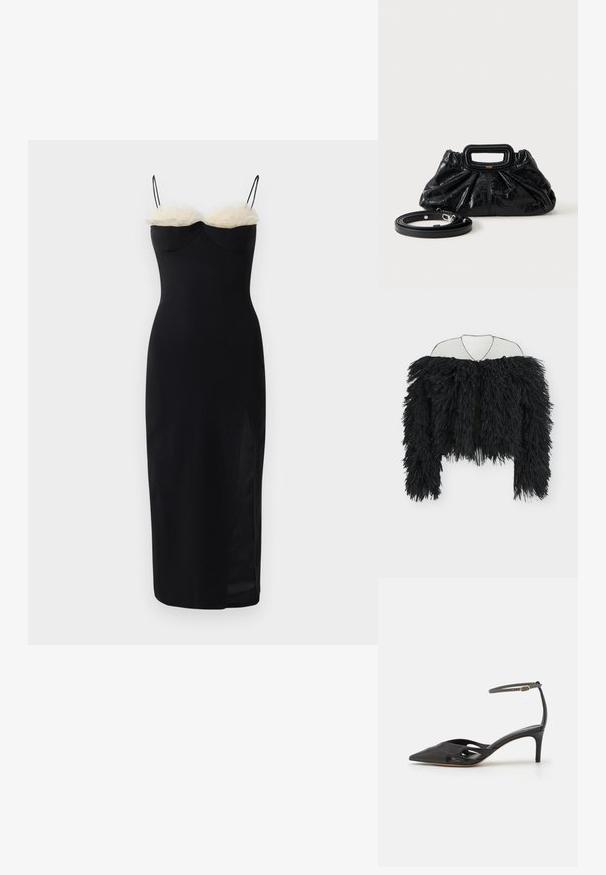 Sort langærmet jakke med stribet frynsetekstur, off-shoulder design og åben front hængende på en tråd bøjle imod en hvid baggrund.; Sort bodycon kjole med spaghetti stropper, der har et lag af hvid faux pels ved halsudskæringen og en sideslids. Glat, strækbart stof.; Sort læder højhælet sko med spids tå, åbne sider og en tynd ankelrem med en lille guld detalje.; Lille sort læderhåndtaske med rynket tekstur, rektangulært håndtag og aftagelig tynd skulderrem placeret ved siden af.