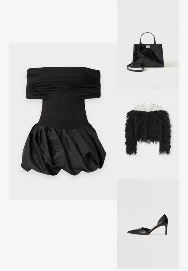 Sort langærmet jakke med stribet frynsetekstur, off-shoulder design og åben front hængende på en tråd bøjle imod en hvid baggrund.; Sort strapless kjole med en ruched krop og en volumøs, struktureret nederdel. Nederdelen har et samlet design for ekstra dimension.; Sorte læder højhælede pumps med spidse tæer, åbne sider og en slank silhuet. Har en tynd hæl og rød sål som accent.; Sort håndtaske i laklæder med afrundede håndtag, aftagelig skulderrem og sølvspænde på ensartet hvid baggrund.