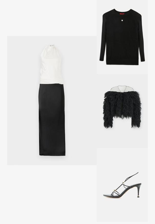 Veste noire à manches longues avec texture à franges ébouriffées, design épaules dénudées et devant ouvert, suspendue sur un cintre en fil métallique sur fond blanc.; Pull en maille noir à manches longues, col rond, avec un petit cœur blanc sur la poitrine. Texture douce et poignets et ourlet côtelés.; Robe dos nu avec un haut blanc ajusté et une jupe longue en satin noir fluide. Texture lisse, design minimaliste et silhouette longue jusqu'au sol.; Sandale à talons hauts noire à fines lanières avec des accents de perles dorées sur un talon aigu à bout pointu.