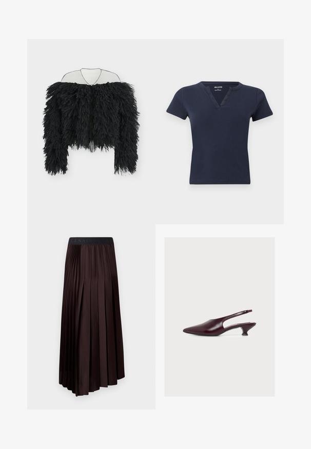 Sort langærmet jakke med stribet frynsetekstur, off-shoulder design og åben front hængende på en tråd bøjle imod en hvid baggrund.; Mørkeblå Henley-t-shirt med korte ærmer, fem-knaps lukning og rund hals, lavet af blødt stof, størrelse small.; Mørkebrune, plisserede midi-skjorter med en glat tekstur, der har en elastisk talje og et logo-detalje øverst.; Bourgogne spids tå slingback sko med lav kitten hæl og glat læderfinish, vist fra siden på en hvid baggrund.