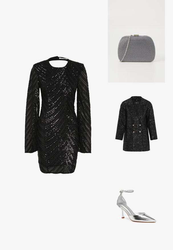 Sort paljetteblazer med dobbeltradet design, hakkede revers og sølvfarvede knapper. Den strukturerede finish tilføjer visuelt interesse.; Sort palietted kjole med lange ærmer og rund halsudskæring, prydet med et bølget mønster af skinnende sorte paletter på gennemsigtigt stof.; Sølv spids tå højhælede sko med ankelrem dekoreret med små rhinsten og en slank, tilspidset hæl.; Sorte og hvide teksturerede clutch-taske med rund form, sølvfarvet kædetrækt, og en metalspænde på toppen.