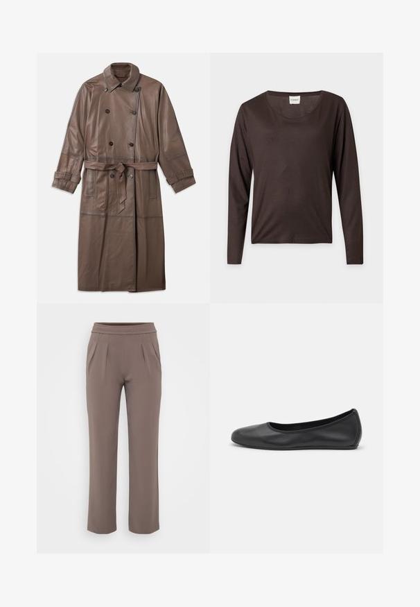 Abrigo de trench de cuero marrón con un diseño de doble botonadura, cintura ceñida con cinturón y adornos de botones en el cuello y las mangas.; Camisa de manga larga de color marrón oscuro con escote redondo, dobladillo recto y una pequeña etiqueta blanca con la inscripción "CLOSED" en el interior del cuello.; Pantalones sueltos color topo con cinturilla elástica y pliegues frontales, hechos de una tela suave.; Bailarina de piel negra con punta redondeada, textura suave, detalle de costura minimalista y diseño de suela flexible.