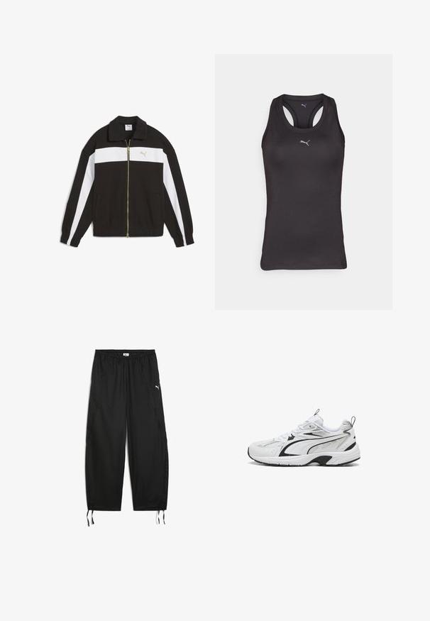 Chaqueta negra con rayas horizontales blancas y detalles dorados. Presenta un cierre de cremallera, cuello alzado y puños y dobladillo acanalados. Material suave.; Camiseta atlética negra sin mangas con un diseño de espalda racer, hecha de un tejido suave, que presenta un pequeño logo gris en el centro del frente.; Pantalones deportivos negros hechos de una tela ligera con cintura elástica, dobladillos ajustables y costuras laterales. Presentan un pequeño logo blanco.; Zapatilla deportiva blanca y negra con detalles de malla y cuero, cierre con cordones y suela gruesa y acolchada sobre un fondo blanco.