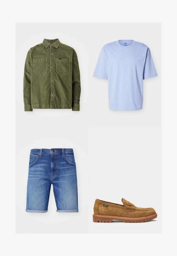 Grøn kordfløjlsskjorte med lange ærmer, knaplukning foran, to brystlommer og et lille mærke på venstre lomme.; Lyseblå T-shirt med korte ærmer, rund hals, løs pasform og et diskret lille logo på venstre brystområde.; Dunjshorts i lys blå med en falmet vask, der har optrullede kanter, fem lommer og en mærket metalknap i taljen.; Tan farvet ruskind penny loafer med syet moc toe, robust gummisål og et lille grønt stofmærke på siden.