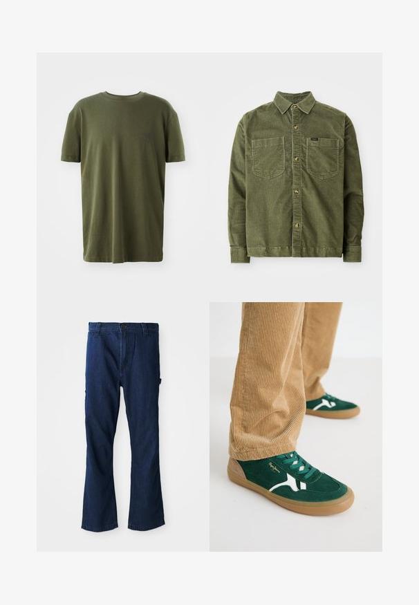 Camisa de pana verde con mangas largas, delantero abotonado, dos bolsillos en el pecho y una pequeña etiqueta en el bolsillo izquierdo.; Camiseta de color verde oliva en algodón, con mangas cortas, cuello redondo y un pequeño logo impreso en azul oscuro en el lado izquierdo del pecho.; Vaqueros de mezclilla azul con diseño de pierna recta, cierre de botón y dos bolsillos laterales, con un ligero desgaste en la textura.; Zapatillas de ante verde con detalles en blanco y cordones verdes. Suela de goma, puntera redondeada y detalles en color marrón en el talón. Combinadas con pantalones de pana.