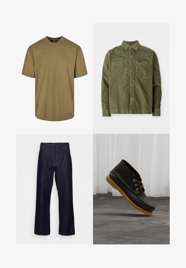 Grüne Cordhemd mit langen Ärmeln, durchgehender Knopfleiste, zwei Brusttaschen und einem kleinen Etikett auf der linken Tasche.; Olivenfarbene T-Shirt, kurze Ärmel, runder Halsausschnitt, aus Baumwollmaterial, verfügt über ein schlichtes Design ohne Muster oder Akzente.; Dunkelblaue gerade geschnittene Jeans aus Denim mit vorderen Taschen, Gürtelschlaufen, Reißverschluss und Knopfverschluss, präsentiert vor einem schlichten weißen Hintergrund.; Schwarze Lederschuhe mit glatter Oberfläche, runder Zehenform, braunen Schnürsenkeln und hellbraunen Gummisohlen. Logo an der Seite geprägt.