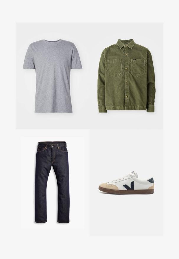 Grüne Cordhemd mit langen Ärmeln, durchgehender Knopfleiste, zwei Brusttaschen und einem kleinen Etikett auf der linken Tasche.; Graues, kurzärmliges T-Shirt aus einem Baumwollmischgewebe, das über einen klassischen Rundkragen verfügt und eine glatte, weiche Textur aufweist.; Dunkelblaue gerade geschnittene Jeans aus Denim mit fünf Taschen und orangefarbenen Kontrastnähten, flach auf einem weißen Hintergrund ausgelegt.; Weiße Leder-Sneaker mit beigem Zehenbereich, navyblaue seitliche "V"-Logos und brauner Gummisohle. Enthält runde Schnürsenkel und strukturierte Akzente.
