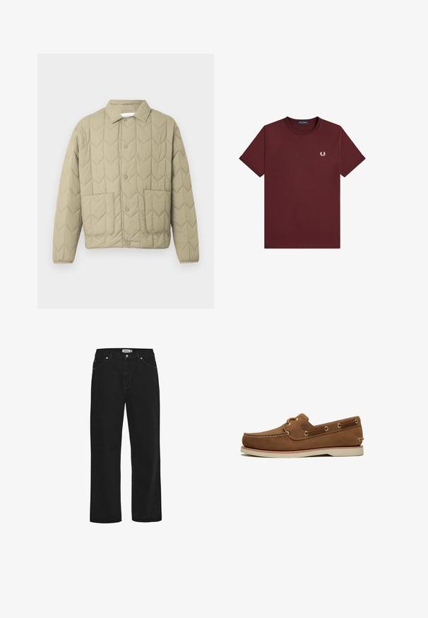 Chaqueta acolchada en verde pálido con un cuello tipo solapa, botones a presión y dos bolsillos frontales con textura en patrón de zigzag.; Camiseta de manga corta color burdeos sólido con cuello redondo y pequeño logo de corona de laurel blanca en el pecho izquierdo.; Vaqueros de mezclilla negra con corte recto, diseño de cinco bolsillos, detalles en hardware de cobre y una cinta de cintura resistente. Textura suave, estilo sin adornos.; Zapato náutico de ante marrón con suela blanca, costura tipo mocasín, cordones de cuero pasados por ojales de metal, logotipo de Timberland en el lateral.