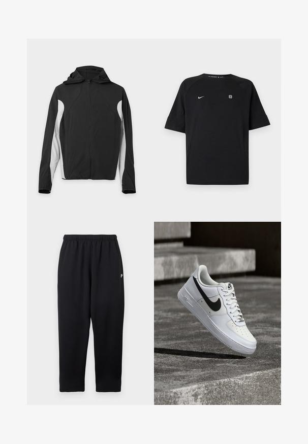 Melns kapuces jaka ar pilnu priekšējo rāvējslēdzēju un baltiem sānu paneļiem, atklāta uz gaiša fona.; Melna īss piedurkņu Nike sporta kreklu ar baltu swoosh logotipu uz kreisās krūtīs un mazu kvadrātveida emblēmu labajā krūšu pusē, vienkrāsains fons.; Melnas sporta bikses ar elastīgu jostasvietu un nelielu baltu logotipu kreisajā pusē. Izgatavotas no mīksta, viegla auduma. Taisnas kājas dizains.; Balts Nike Air Force 1 apavu pāris ar melnu svītru, šņores sasietas, pozicionēts gaisā virs teksturētas betona virsmas ārā.