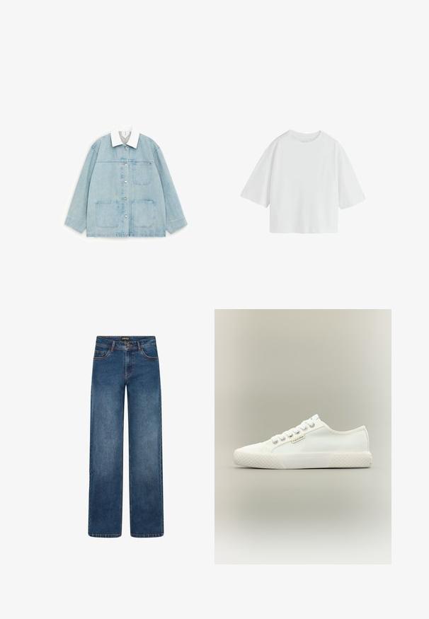 Lichtblauwe spijkerjas met witte kraag, voorste drukknoopsluiting en drie grote zakken, plat liggend op een witte achtergrond.; Effen witte oversized T-shirt met korte mouwen, een ronde hals en een losse pasvorm.; Wijde spijkerbroek met medium blauwe wassing. Heeft vijf zakken, knoop- en ritssluiting, en dubbel gestikte naden. Duurzame stof.; Witte lage canvas sneaker met een getextureerde rubberen zool, witte veters en een klein Calvin Klein-label aan de zijkant.