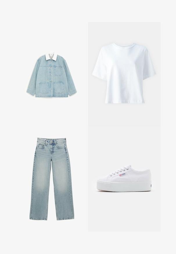 Lichtblauwe spijkerjas met witte kraag, voorste drukknoopsluiting en drie grote zakken, plat liggend op een witte achtergrond.; Witte katoenen t-shirt met een ronde hals, korte mouwen, een comfortabele pasvorm en een gladde textuur. Geen patronen of accenten zichtbaar.; Lichtblauwe denim wijde jeans met een hoge taille, voorzien van vijf zakken, een knoopsluiting en subtiele vervaging voor een versleten effect.; Witte canvas sneaker met een dikke witte platformzool, ronde neus en metalen oogjes voor veters. Merkl logo aan de zijkant weergegeven.
