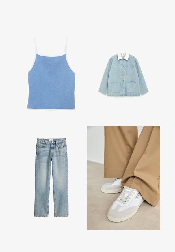 Lichtblauwe spijkerjas met witte kraag, voorste drukknoopsluiting en drie grote zakken, plat liggend op een witte achtergrond.; Lichtblauwe gebreide tanktop met witte accenten, met dunne schouderbandjes en een aansluitend ontwerp met een gladde, textuur oppervlakte.; Lichtblauwe denim jeans met rechte pijpen, voor- en achterzakken, knoop- en ritssluiting, en een Marc O'Polo-label op de tailleband.; Witte sneakers met suède accenten, gestructureerde veters en een rubberen zool. Gecombineerd met losse beige broek. Logo zichtbaar aan de zijkant.