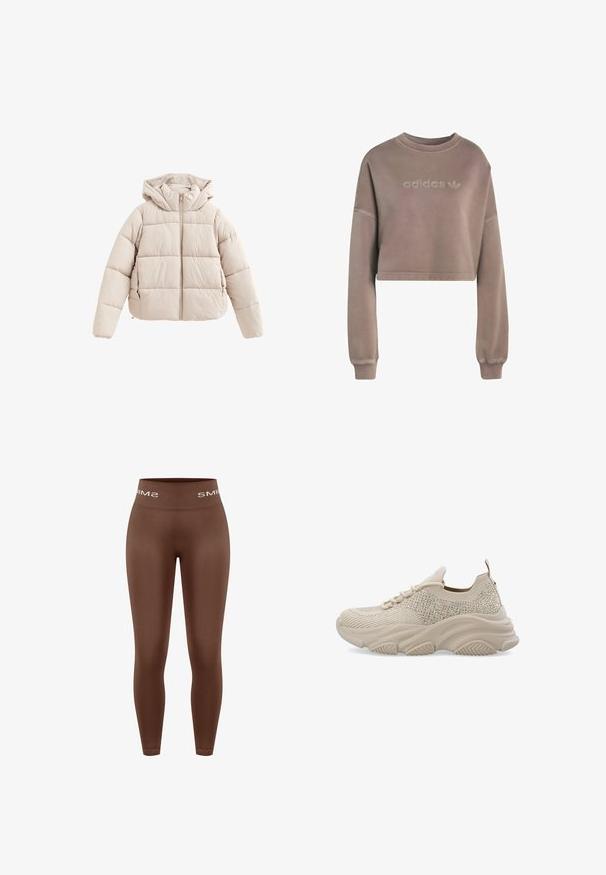 Doudoune beige avec capuche, en quilting horizontal, fermeture éclair à l'avant et poches latérales, conçue pour les temps froids.; Sweatshirt court en tissu taupe doux. Il présente un col rond, des manches longues et un logo "adidas" en relief à l'avant. Texture lisse.; Leggings marron taille haute avec une texture lisse, dotés d'une ceinture tricotée portant le logo "SMIMS" en blanc, coupe ajustée, longueur totale.; Baskets de sport beiges avec une tige en tricot texturé, ornées de strass, et une semelle en caoutchouc épaisse avec des rainures pour l'adhérence.