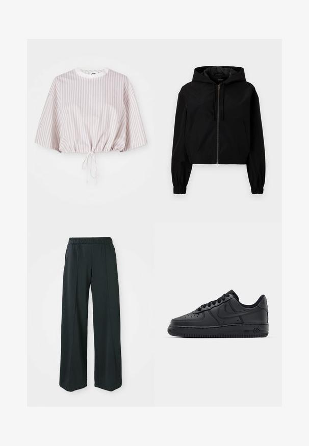 Sort cropped jakke med hætte, der har en foran lynlås, elastiske manchetter og en rummelig frontlomme. Fremstillet af glat, let materiale.; Kortærmet cropped top i lys lavendel med hvide vertikale striber. Har snoretræk i kanten for justerbar pasform.; Sorte, brede atletiske bukser med elastisk talje. Lavet af glat, strækbart stof, med diskrete frontsyninger og ingen lommer.; Sorte lædersneakers med perforeret tåboks, flade snørebånd og gummisål. Har et lille logo på siden og tekstureret detaljering.