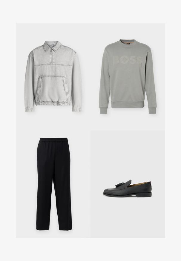Chaqueta tipo pulóver gris claro de manga larga con cuello, media cremallera frontal, gran bolsillo canguro y puños y dobladillo elásticos.; Sudadera gris claro de manga larga con cuello redondo, puños y dobladillo acanalados, logotipo "BOSS" en relieve en el pecho y una pequeña etiqueta en el cuello.; Pantalones negros con cintura elástica, diseño de pierna recta y una tela suave y ligera. Sin bolsillos visibles ni patrones.; Mocasín negro de cuero para hombre con borlas, punta redonda, tacón bajo y pestaña para tirar en la parte trasera, mostrado de perfil lateral sobre un fondo gris claro.