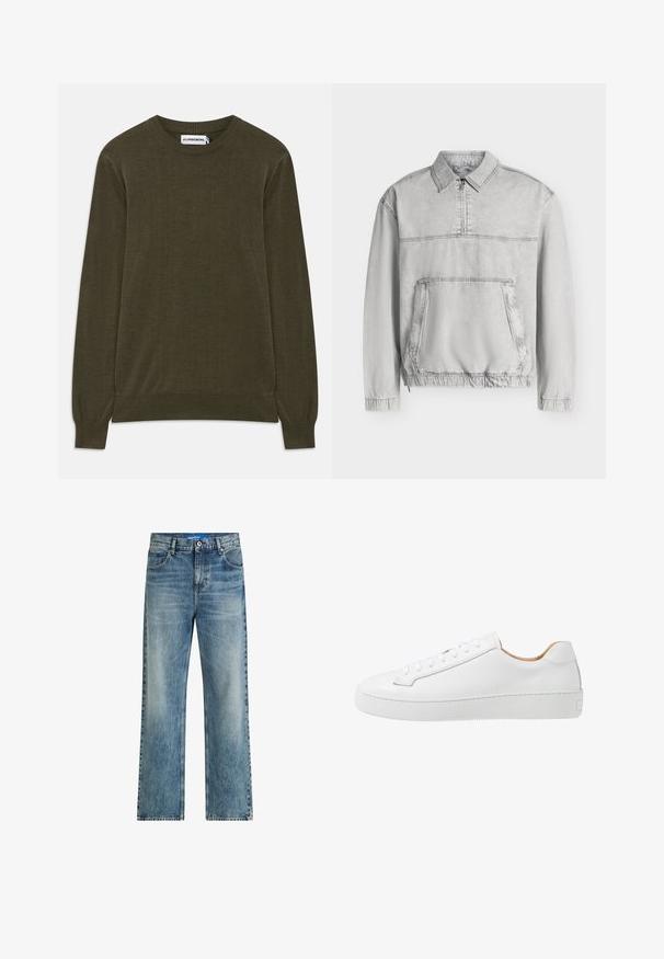 Lichtgrijs pulloverjack met lange mouwen, kraag, vooraan halve rits, grote kangoeroezak en elastische manchetten en zoom.; Donkergroene sweater met lange mouwen en geribbelde manchetten en onderkant. Gemaakt van zacht materiaal, met een klassieke ronde hals en een minimalistisch ontwerp.; Lichtblauwe denim wijde benen jeans met een hoge taille, een klassieke vijf-pocket ontwerp en subtiele vervaging voor textuur.; Witte leren sneaker met een gladde afwerking, ronde neus, platte vetersluiting en een dikke rubberen zool met een gestructureerd grippatroon.