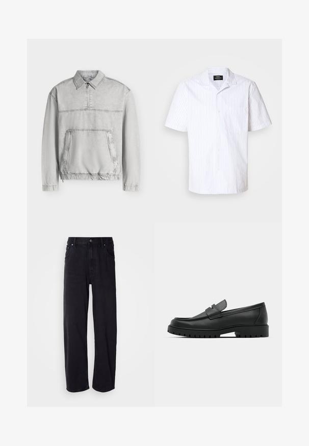 Veste-pull gris clair à manches longues avec col, demi-fermeture éclair à l’avant, grande poche kangourou, poignets et ourlet élastiqués.; Chemise à manches courtes blanche avec des rayures verticales bleu clair, dotée d'un col pointu et d'une poche poitrine.; Jean en denim noir à coupe ample, avec une taille haute, cinq poches et des boutons en métal. Le tissu présente une texture mate.; Mocassins en cuir noir à bout arrondi, avec un design cousu, une semelle plateforme basse et une semelle en caoutchouc texturée et crantée.