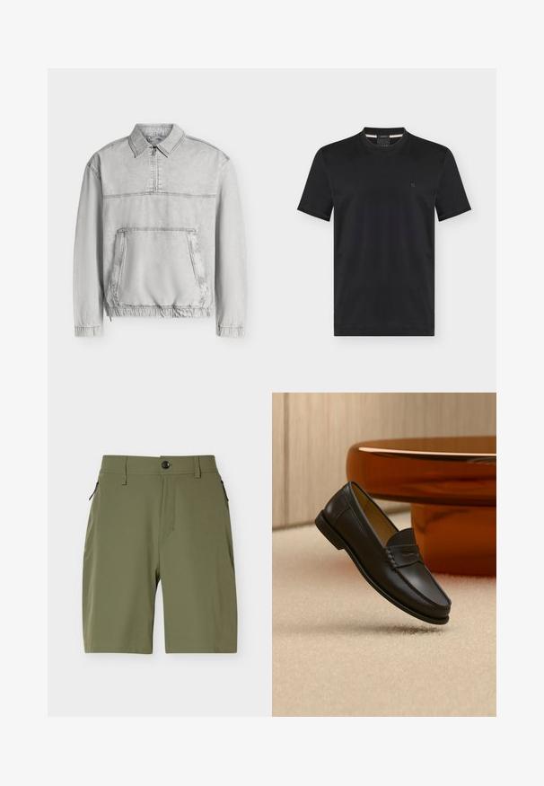 Veste-pull gris clair à manches longues avec col, demi-fermeture éclair à l’avant, grande poche kangourou, poignets et ourlet élastiqués.; T-shirt noir à manches courtes et col rond avec petit logo brodé sur la poitrine gauche, présenté sur fond uni.; Shorts pour hommes longueur genou de couleur vert olive avec fermeture par bouton et poches latérales zippées sur fond blanc.; Chaussure mocassin en cuir noir suspendue au-dessus d’un tapis beige avec du mobilier moderne couleur ambre en arrière-plan.