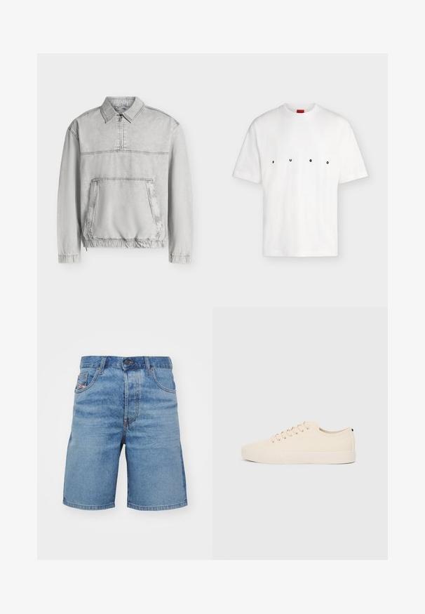 Veste-pull gris clair à manches longues avec col, demi-fermeture éclair à l’avant, grande poche kangourou, poignets et ourlet élastiqués.; T-shirt blanc à manches courtes avec des lettres noires espacées sur la poitrine formant le mot "HUGO" et une étiquette rouge à l'intérieur du col.; Shorts en denim bleu clair avec une coupe classique, un léger délavage, un design à cinq poches et des coutures couleur cuivre. Comprend une fermeture à bouton à l'avant.; Baskets en toile beige avec bout arrondi, semelle en caoutchouc plate et lacets à l'avant. Présente un design minimaliste et un accent noir contrastant au niveau du talon.