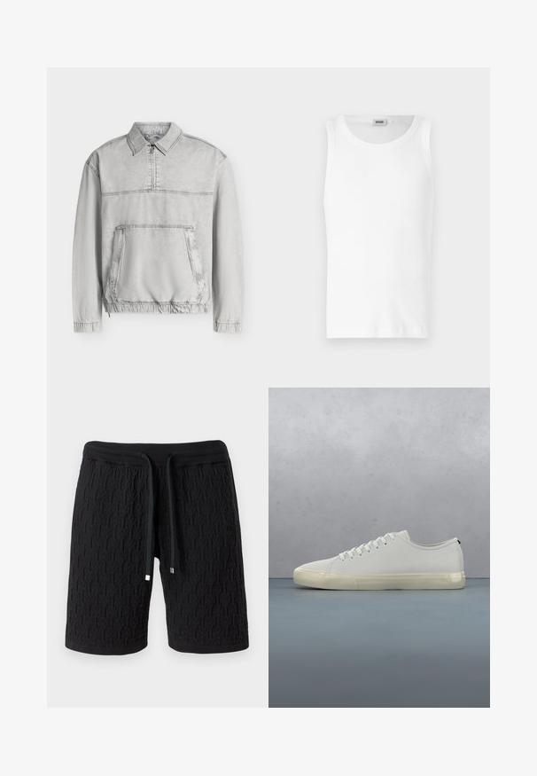 Veste-pull gris clair à manches longues avec col, demi-fermeture éclair à l’avant, grande poche kangourou, poignets et ourlet élastiqués.; Débardeur en coton blanc sans manches avec un col rond et une texture lisse. Design simple, sans motifs ni accents.; Shorts en maille noire avec motif texturé, taille élastique et cordon avec embouts métalliques.; Baskets en cuir blanc avec lacets flottant au-dessus de carreaux en bois carrés et de petits cailloux, avec un arbre et un fond gris.