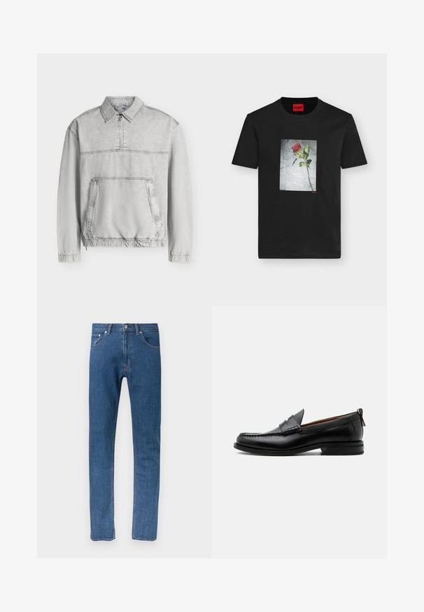 Veste-pull gris clair à manches longues avec col, demi-fermeture éclair à l’avant, grande poche kangourou, poignets et ourlet élastiqués.; T-shirt noir à manches courtes avec un motif centré d'une seule rose rouge sur un fond gris texturé et un petit logo rouge "HUGO".; Jean en denim bleu à coupe droite, avec cinq poches, accessoires métalliques et coutures contrastées. Texture lisse avec un design classique.; Mocassin homme en cuir noir avec couture moc toe, bride penny, col texturé et petit talon empilé sur fond blanc.