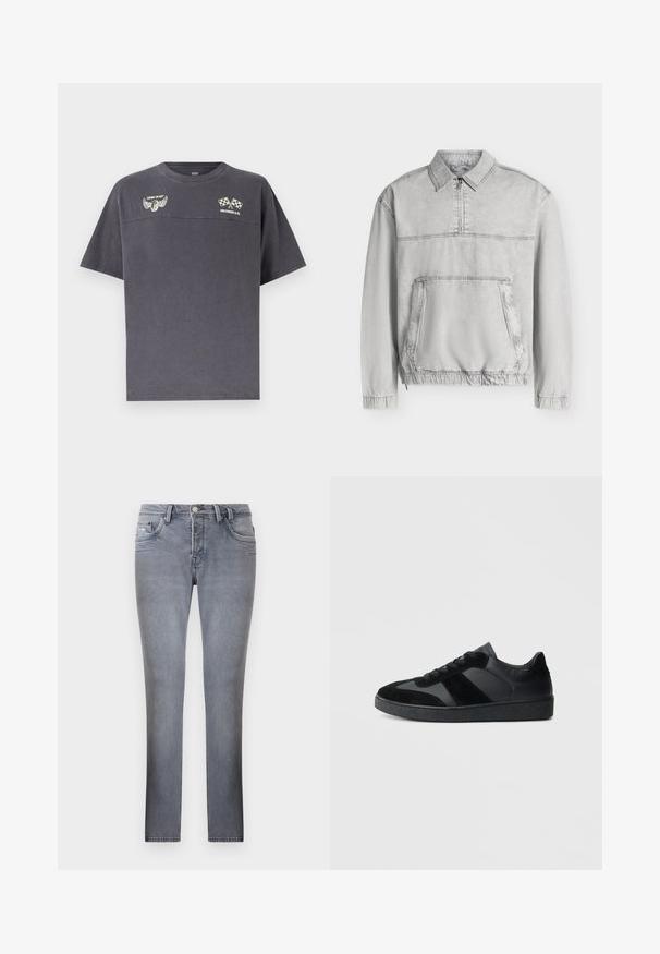 Veste-pull gris clair à manches longues avec col, demi-fermeture éclair à l’avant, grande poche kangourou, poignets et ourlet élastiqués.; T-shirt gris foncé à manches courtes avec col rond, présentant des logos de pneu ailé et de drapeaux à damier croisés avec le texte "COMIN' IN HOT" et "LEVI STRAUSS & CO.".; Jean en denim gris coupe slim avec cinq poches, fermeture par bouton et passants pour ceinture, présenté sur un fond uni.; Baskets noires combinant cuir lisse et daim, avec une semelle en caoutchouc noire texturée et un détail de rayures discrètes.