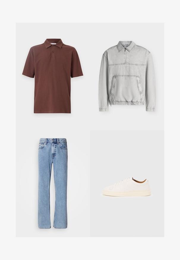 Hellgrauer Pullover mit langen Ärmeln, Kragen, vorderem Halb-Reißverschluss, großer Kängurutasche und elastischen Bündchen und Saum.; Braunes Polohemd aus atmungsaktivem Stoff, mit einem klassischen Kragen und einer Drei-Knopf-Leiste, versehen mit einem dezenten Logo auf der Brust.; Hellblaue Jeans aus Denim mit geradem Bein, fünf Taschen und Knopfverschluss. Nähte in der Nähe der Taschen und des Bundes.; Weißer Sneaker mit niedrigem Schaft und Schnürdesign, minimalen Nähten und einer cremefarbenen Sohle auf hellgrauem Hintergrund.