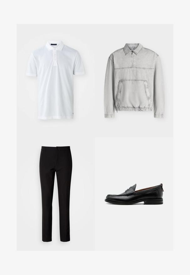 Chaqueta tipo pulóver gris claro de manga larga con cuello, media cremallera frontal, gran bolsillo canguro y puños y dobladillo elásticos.; Camisa polo blanca con una textura suave, tapeta de tres botones, cuello plano y mangas cortas. Presenta costuras sutiles en el dobladillo.; Pantalones negros de tela lisa, con diseño de pierna recta, cierre frontal con botón y discretos bolsillos laterales. Aspecto sencillo y entallado.; Mocasín de hombre de piel negra con costura moc toe, tira penny, cuello texturizado y tacón bajo apilado sobre fondo blanco.