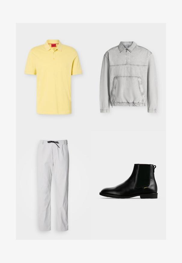 Veste-pull gris clair à manches longues avec col, demi-fermeture éclair à l’avant, grande poche kangourou, poignets et ourlet élastiqués.; Polo jaune à manches courtes avec col et patte de boutonnage à trois boutons, avec une étiquette intérieure rouge portant le nom de la marque HUGO.; Pantalon fuselé en mélange de coton gris clair avec une taille à cordon de serrage. Dispose de plis à l'avant et de poches latérales pour plus de praticité.; Bottine en cuir noir avec panneau latéral élastique, talon bas, languette à l'arrière et petit logo doré "HUGO" sur le côté extérieur.