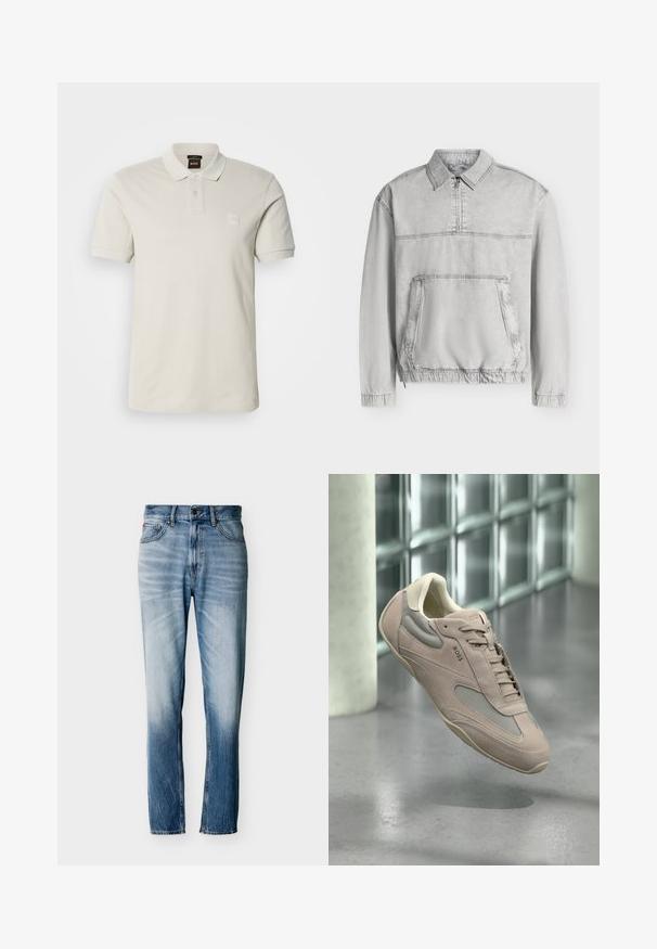 Veste-pull gris clair à manches longues avec col, demi-fermeture éclair à l’avant, grande poche kangourou, poignets et ourlet élastiqués.; Polo beige clair en coton lisse, doté d'un col classique, de manches courtes, de deux boutons et d'un petit patch logo sur la poitrine.; Jean bleu délavé à coupe droite avec cinq poches, fermeture par bouton et passants pour ceinture, présenté à plat sur fond blanc.; Baskets en suède rose clair et mesh avec un système de laçage, bout arrondi et accents beiges ; présentées sur un fond minimaliste.