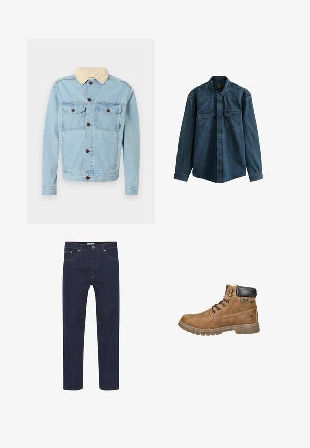Lyseblå denimjakke med beige kordfløjls-krave, lukning foran med knapper og to brystlommer med knaplukning.; Mørkeblå denimskjorte med lange ærmer, spids krave og to frontlommer med trykknapslukninger. Strukturert stof.; Mørkeblå denim jeans med lige snit, der har lys syning, fem lommer og en knaplukning ved livet. Glat tekstur.; Brun læderstøvle med en polstret sort krave, snørebåndsdesign, tekstureret overflade, gummisål og et logo på siden.