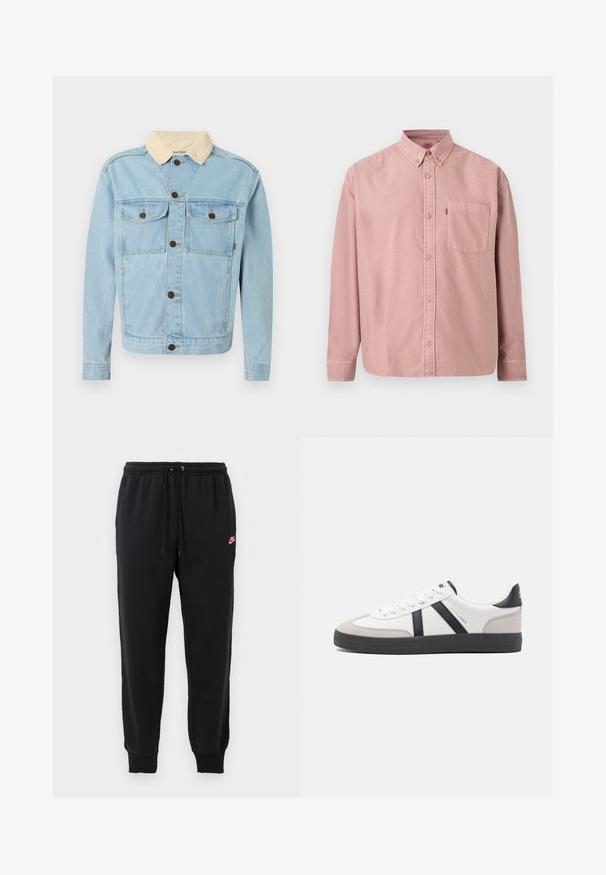 Lichtblauwe denimjas met beige corduroy kraag, knoopsluiting aan de voorkant en twee borstzakken met knopen.; Roze overhemd met lange mouwen, knopen aan de voorkant, een borstzak en een button-down kraag, getoond tegen een effen achtergrond.; Zwarte sweatpants van zacht materiaal met een elastische tailleband, een verstelbare trekkoord en een klein roze Nike-logo aan de linkerkant.; Witte sneaker met zwarte en grijze accenten, voorzien van een grijze neus met textuur, zwarte rubberen zool en platte witte veters. Schoon ontwerp, minimalistische stijl.