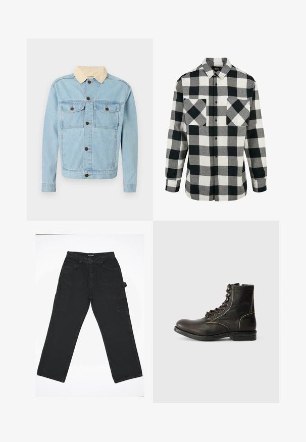 Hellblaue Jeansjacke mit beigem Cordkragen, vorderer Knopfleiste und zwei verschließbaren Brusttaschen.; Schwarz-weiße Flanellhemd mit großem Karomuster, langen Ärmeln, Knopfleiste und zwei Brusttaschen. Aus weichem Stoff gefertigt.; Schwarze Denim-Hose mit geradem Bein, ausgestattet mit einem Frontknopfverschluss, Gesäßtaschen und einer seitlichen Cargo-Tasche.; Braune Leder-Ankle-Boots mit runder Zehenform, sieben Ösen-Design, weißen Nähten und strukturiertem Obermaterial. Robuste Gummisohle, klassischer Stil.