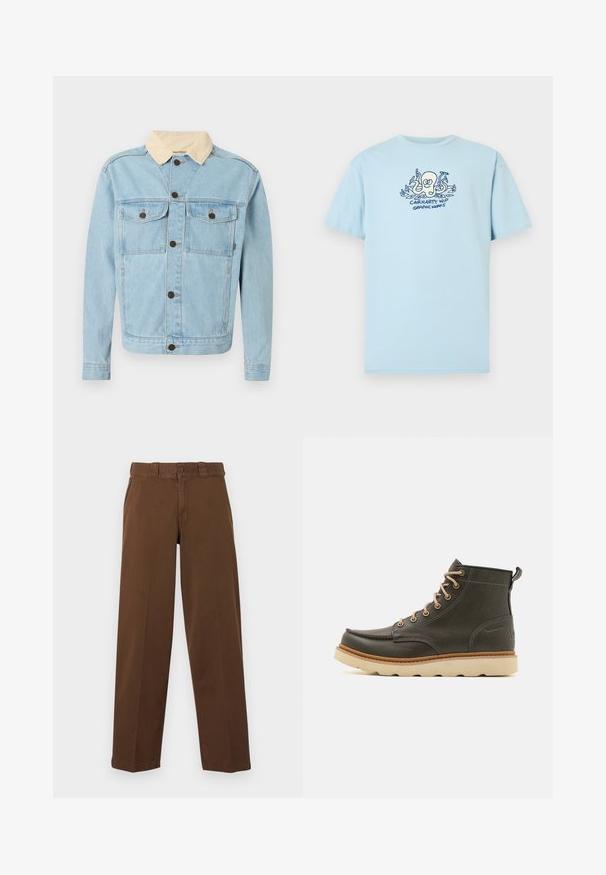 Hellblaue Jeansjacke mit beigem Cordkragen, vorderer Knopfleiste und zwei verschließbaren Brusttaschen.; Hellblaues Baumwoll-T-Shirt mit einem grafischen Druck eines Oktopus und dem Text "CARHARTT WIP GRAPHIC WORKS" in Dunkelblau. Kurze Ärmel, Rundhalsausschnitt.; Braune gerade geschnittene Hose mit Knopf- und Reißverschluss, Gürtelschlaufen und seitlichen Taschen, vor hellem Hintergrund dargestellt.; Dunkelgrüne Lederknöchelstiefel mit beigen Schnürsenkeln, gepolsterter Schuhkragen und strukturiertem Gummisohle. Verfügt über wasserdichte Markierungen und Nähdetails.