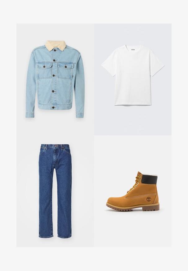 Lyseblå denimjakke med beige kordfløjls-krave, lukning foran med knapper og to brystlommer med knaplukning.; Hvid kortærmet crewneck T-shirt lagt fladt ud, ensfarvet design, med "WEEKDAY" mærkat inde i kraven på en lys baggrund.; Straight-leg blå denim jeans med frontknap, lynlås, bæltestropper og fem-lomme design på en ensfarvet hvid baggrund.; Brune læder ankelstøvle med metaløjer, hvid pelsforing, sort polstret krave, robust sål og præget logo på siden.