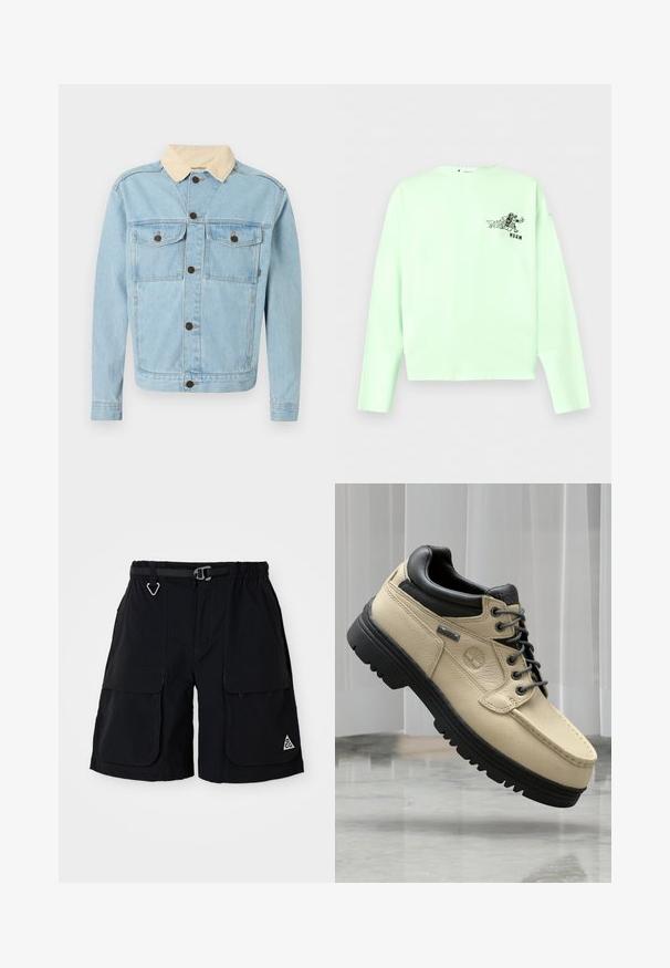 Hellblaue Jeansjacke mit beigem Cordkragen, vorderer Knopfleiste und zwei verschließbaren Brusttaschen.; Hellgrünes Langarmhemd mit kleinem schwarzem Cartoon-Charakter, der läuft, und dem Schriftzug "MSGM" auf der linken Brust.; Schwarze Cargo-Shorts mit elastischem Bund, integriertem Gürtel, großen Seitentaschen und dreieckigem ACG-Logo am rechten Bein.; Beiger Leder-Freizeitschuh mit schwarzem, gepolstertem Kragen, schwarzer Sohle, grauen Schnürsenkeln und Gore-Tex-Label, schräg auf einer Marmoroberfläche präsentiert.