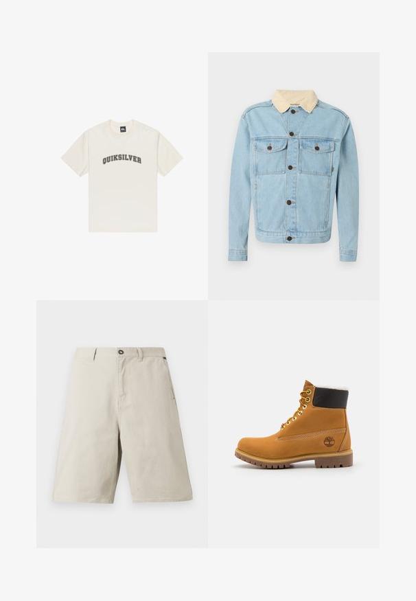 Lyseblå denimjakke med beige kordfløjls-krave, lukning foran med knapper og to brystlommer med knaplukning.; Kræmfarvet bomulds t-shirt med korte ærmer og rund halsudskæring. Beskåret med "QUIKSILVER" logoet i sort, trykt hen over brystet.; Beige stofshorts med afslappet pasform, med knaplukning, bæltestropper og sidelommer. Glat tekstur med subtile syningsdetaljer.; Brune læder ankelstøvle med metaløjer, hvid pelsforing, sort polstret krave, robust sål og præget logo på siden.