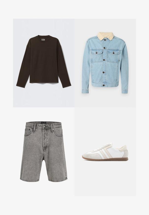 Lichtblauwe denimjas met beige corduroy kraag, knoopsluiting aan de voorkant en twee borstzakken met knopen.; Donkerbruine longsleeve met ronde hals en rechte zoom, plat gelegd op een lichtgrijze achtergrond.; Grijze denim shorts met riemlussen, knoop aan de voorkant en rits, en voorzakken van het merk Jack & Jones.; Laag uitgesneden witte en beige sneaker met suèdelook accenten, veterluiting en bruine rubberen zool, zijaanzicht op een effen achtergrond.
