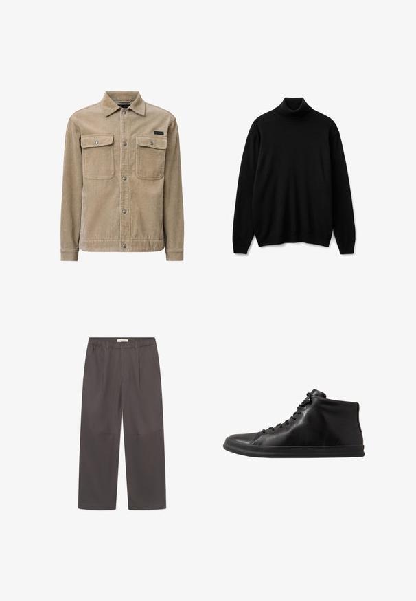 Hellbraune Cordjacke mit Kragen, vorderen Druckknöpfen, zwei Brusttaschen und einem strukturierten Rippmuster.; Schwarzer Rollkragenpullover aus weichem Stoff, mit langen Ärmeln, einem enganliegenden Kragen und einer lockeren Passform. Keine Muster oder Verzierungen sichtbar.; Graue, weite Hosen aus glattem Stoff, mit einem Knopfverschluss und zwei seitlichen Taschen. Einfaches, klares Design ohne sichtbare Muster.; Schwarze High-Top-Sneaker aus glattem Leder mit runder Zehenpartie, ausgestattet mit einer flachen Gummisohle und Schnürverschluss.