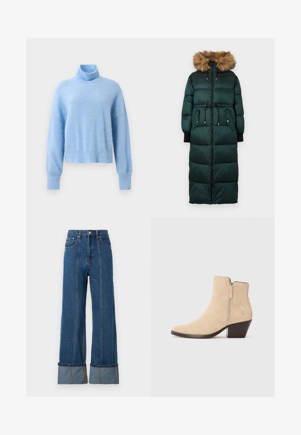 Manteau en duvet vert avec capuche à fourrure, taille cintrée, manches longues, fermeture éclair et deux poches latérales. Design texturé et matelassé.; Pull col roulé court bleu clair en tissu doux et texturé, avec des manches longues et des poignets côtelés pour une touche de détail.; Jean bleu taille haute avec une coupe pantalon large, comprenant des revers en denim contrastant, des coutures visibles et des poches avant.; Bottine en suède beige avec fermeture éclair sur le côté et talon empilé noir, présentée de profil sur un fond blanc.