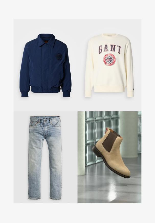 Marineblaue Bomberjacke mit Kragen, gerippten Bündchen und Saum, gesticktem Logodetail auf der Brust und glattem, strukturiertem Stoff.; Cremefarbener Sweatshirt mit langen Ärmeln, rundem Halsausschnitt und einem abgenutzten GANT-Logo-Graphic in Rot und Blau. Weiche Stoffstruktur.; Hellblaue gerade geschnittene Jeans mit Knopfverschluss, Fronttaschen und Gürtelschlaufen, flach auf weißem Hintergrund präsentiert.; Beiger Veloursleder-Chelsea-Stiefel mit dunkelbraunem elastischem Seiteneinsatz und Zuglasche, schwebend über einem reflektierenden, polierten Boden innen gezeigt.