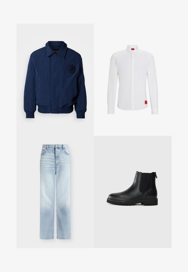 Marineblaue Bomberjacke mit Kragen, gerippten Bündchen und Saum, gesticktem Logodetail auf der Brust und glattem, strukturiertem Stoff.; Weißes Langarmhemd mit Button-Down-Kragen, versehen mit einem roten Markenlabel an der Seite und einer glatten, einheitlichen Textur.; Hellblaue, hoch taillierte Jeans mit geradem Bein, Fronttaschen, Gürtelschlaufen und einem Knopfverschluss.; Schwarze Leder-Stiefelette mit elastischen Seiteneinsätzen, runder Spitze und einer robusten Gummisohle mit tiefem Profil für optimalen Halt.