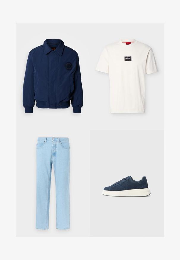 Cazadora bomber azul marino con cuello con solapa, puños y dobladillo acanalados, detalle de logo bordado en el pecho y tejido liso y texturizado.; Camiseta blanca de manga corta con cuello redondo, con un pequeño parche rectangular negro y texto "HUGO" en blanco en el pecho.; Vaqueros de mezclilla azul claro de pierna recta con cierre frontal de botón y cremallera, bolsillos delanteros y presillas para cinturón, mostrados sobre un fondo liso.; Zapatillas de ante azul marino con suela de goma blanca, que cuentan con seis ojales, un forro texturizado y un diseño minimalista con sutiles detalles de costura.