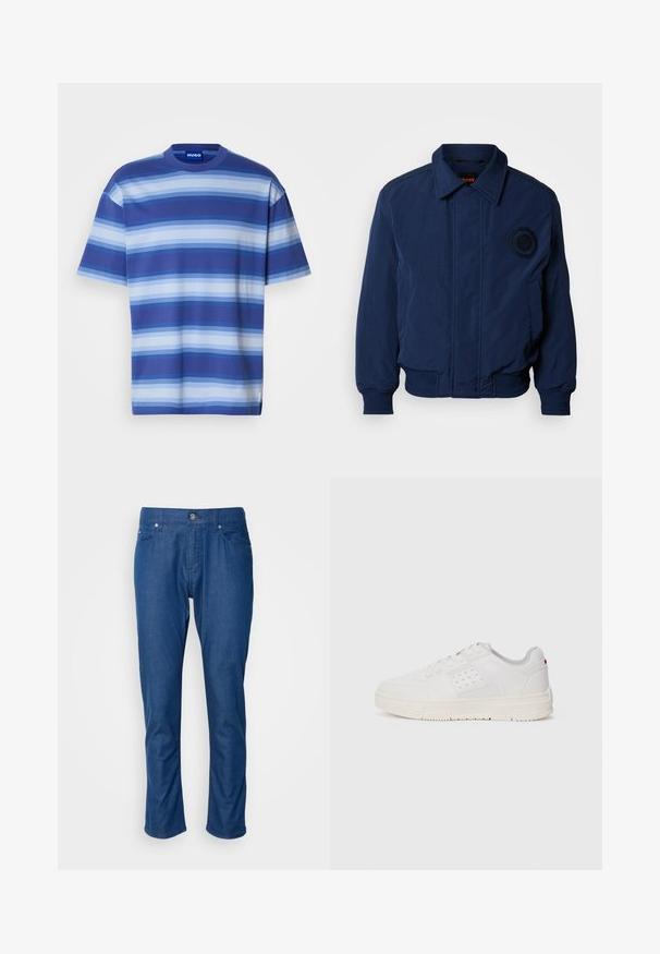 Marineblaue Bomberjacke mit Kragen, gerippten Bündchen und Saum, gesticktem Logodetail auf der Brust und glattem, strukturiertem Stoff.; Kurzarm-T-Shirt aus Baumwolle mit horizontalen Streifen in verschiedenen Blautönen. Rundhalsausschnitt, lockere Passform und ein Etikett mit der Marke.; Blaue Jeanshose mit geradem Bein, Fronttaschen und einem einzelnen Knopfverschluss. Glatte Textur mit minimaler Detailgestaltung.; Weißer Sneaker mit strukturiertem Obermaterial, perforierten Details, einer hellgrauen Mesh-Zunge und einer cremefarbenen Gummisohle. Mit minimalem Branding an der Seite.