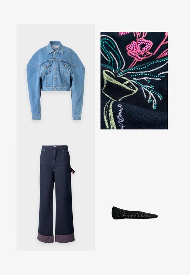 Helles blaues, kurzes Denim-Jackett mit langen Ärmeln, Knopfverschluss, zwei Klappentaschen auf der Brust und einem Kragen von Viktor & Rolf.; Marineblauer Stoff mit lebhafter Blumenstickerei in Pink und Grün, verziert mit irisierenden Perlen, die ein strukturiertes Design schaffen.; Weite Denim-Hosen aus dunkelblauem Baumwollstoff mit gesäumtem Saum, versehen mit einem pinken Akzent-Tag an der Seite und klassischem Fünf-Taschen-Design.; Schwarze gehäkelte Ballerinas mit spitzer Zehe, ausgestattet mit einer geflochtenen Textur und einer dezenten Innenauskleidung, die für Komfort und Atmungsaktivität sorgt.