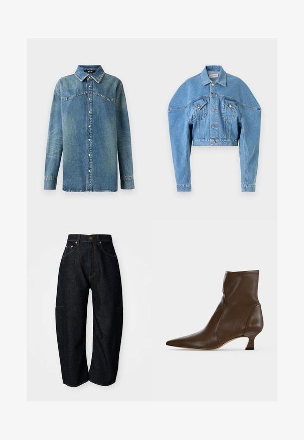 Vaaleansininen lyhyt denim-takki, jossa on pitkät hihat, nappisuljenta, kaksi läpällistä rintataskua ja kaulus, suunniteltu Viktor & Rolfilta.; Sininen farkkupaita, jossa on pitkät hihat, nepparit, terävä kaulus ja strassikoristeet yoke- ja kaulusreunoilla.; Tummat farkut rentoa leikkausta, joissa on hienovaraiset oranssit ompeleet, etutaskut ja litteä vyötärö nappikiinnityksellä.; Ruskea nahkainen nilkkasaapas, jossa on terävä kärki ja matala kaareva korko vaalealla taustalla.