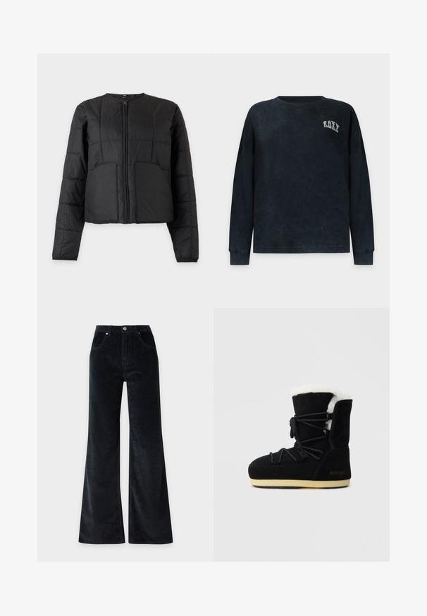 Veste matelassée noire avec manches longues, fermeture éclair à l'avant, deux grandes poches avant et col rond sur fond blanc.; Sweat-shirt noir à manches longues avec col rond et petit texte blanc "ROXY" sur la partie supérieure gauche de la poitrine.; Pantalon large en velours côtelé noir avec poches avant, passants de ceinture et fermeture par bouton.; Botte en suede noire avec une doublure en fourrure blanche, présentant un laçage à l'avant, un support de cheville rembourré et une semelle en caoutchouc pour l'adhérence.