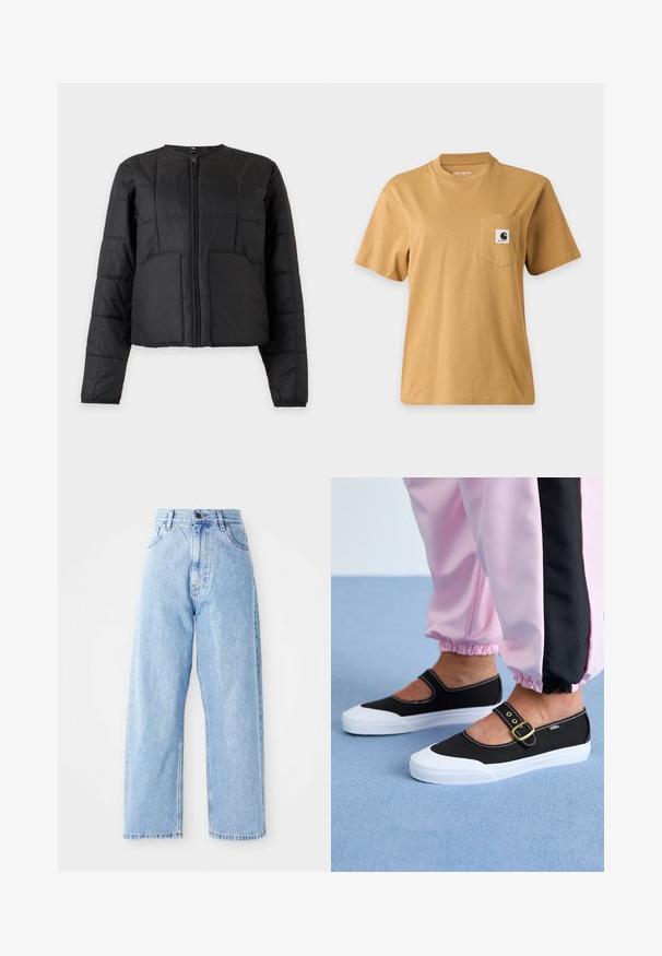 Veste matelassée noire avec manches longues, fermeture éclair à l'avant, deux grandes poches avant et col rond sur fond blanc.; T-shirt marron uni à manches courtes avec une poche poitrine présentant un patch carré avec le logo de la marque, affiché sur un fond clair uni.; Jeans en denim bleu clair taille haute avec des jambes droites larges, fermeture à bouton à l'avant, fermeture éclair et poches avant et arrière.; Baskets noires en toile avec une semelle blanche, présentant un design découpé et une sangle en boucle dorée. Portées avec un pantalon de survêtement rose.