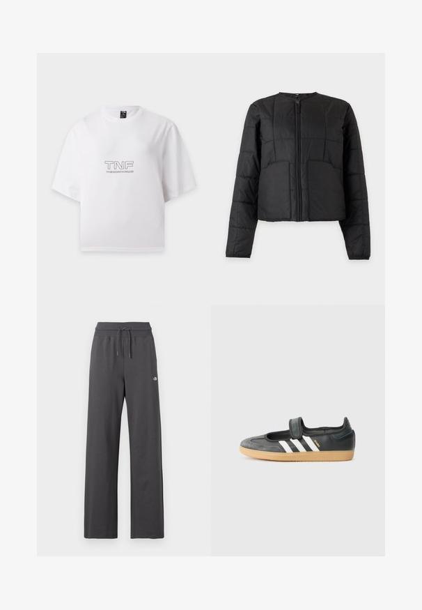 Veste matelassée noire avec manches longues, fermeture éclair à l'avant, deux grandes poches avant et col rond sur fond blanc.; T-shirt blanc à manches courtes avec "TNF" et "THE NORTH FACE" imprimés en noir sur la poitrine, présenté à plat sur fond blanc.; Pantalon de survêtement gris foncé à jambes larges avec taille élastique côtelée et cordon, arborant un petit logo blanc sur la cuisse droite.; Sneaker en cuir noir et suède avec une sangle Velcro, arborant trois bandes blanches et une semelle en caoutchouc, étiqueté "SAMBA" sur le côté.